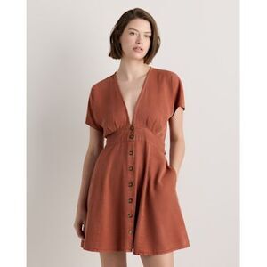 Quince Women Vintage Wash Tencel Button Front Dress Terracotta Basic Sleeved M